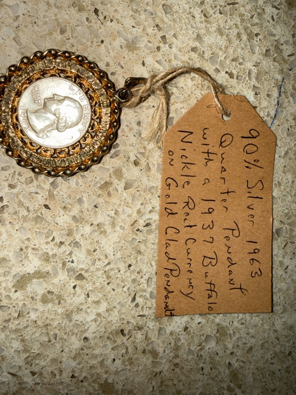 100% Authentic 1963 90%Silver Quarter & 1937 Buffalo Nickel & Gold Clad Pendant